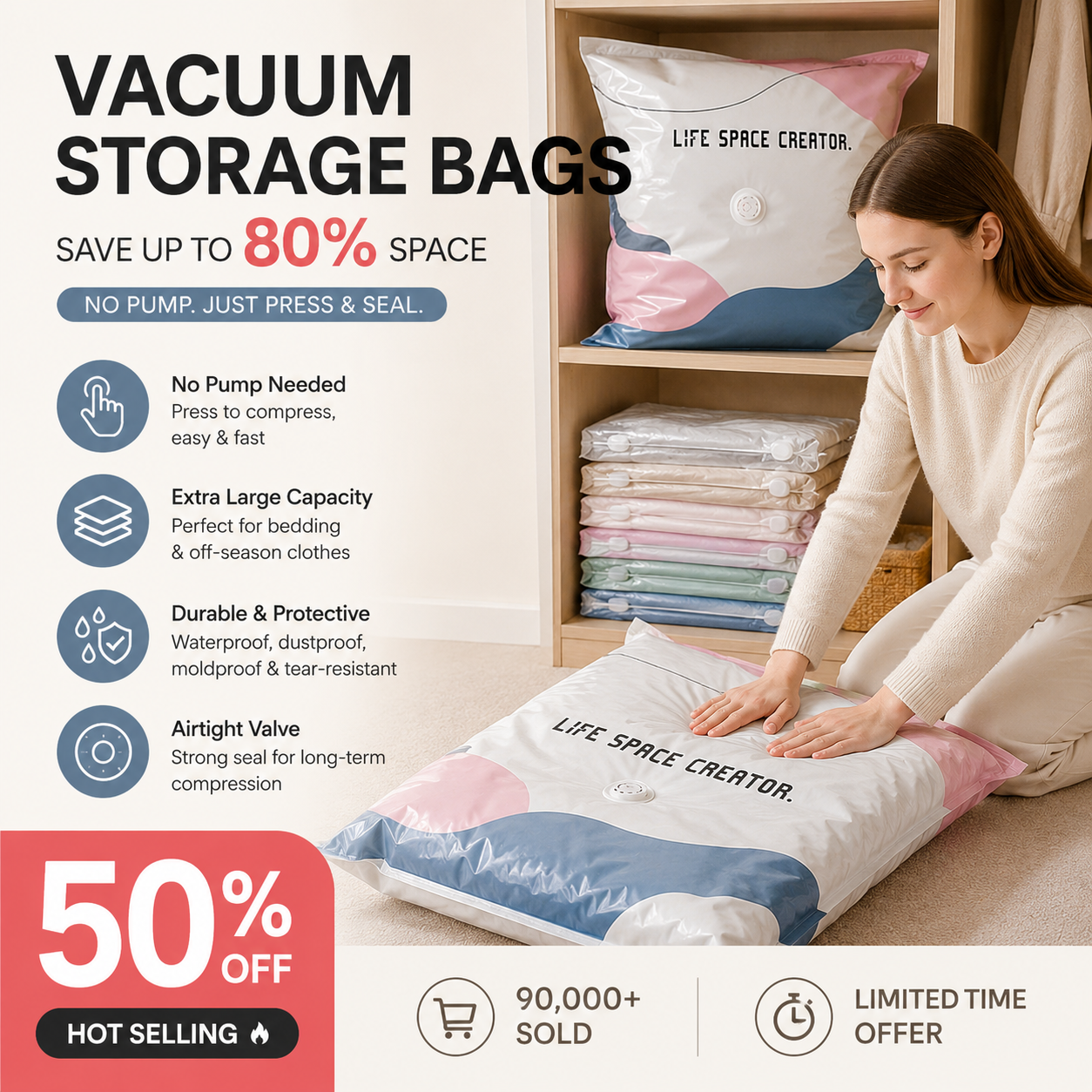 No-Pump Vacuum Storage Bags – Save 80% Space, Dry & Dust-Free🧳