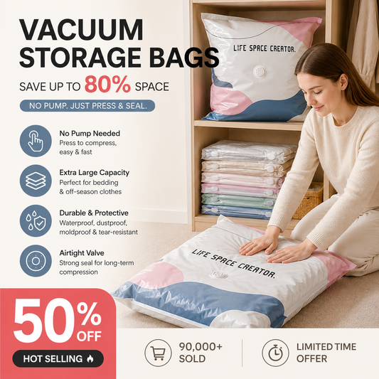 🥳LAST DAY BUY 2 GET 1 FREE!!💞🧳No‑Pump Vacuum Storage Bags – Press & seal, no pump needed. Saves 80% space, keeps clothes dry & dust‑free. Perfect for bulky bedding & off‑season gear. 🛏️🗄️