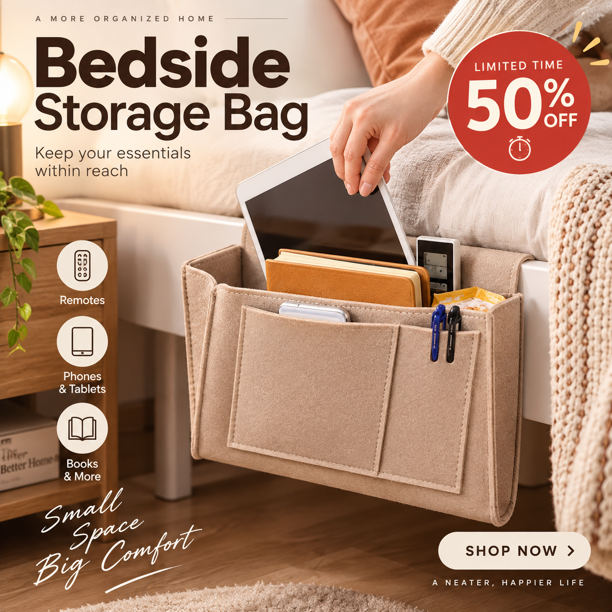 Organize Bedside Instantly! No-Tool Slide-In Storage Organizer