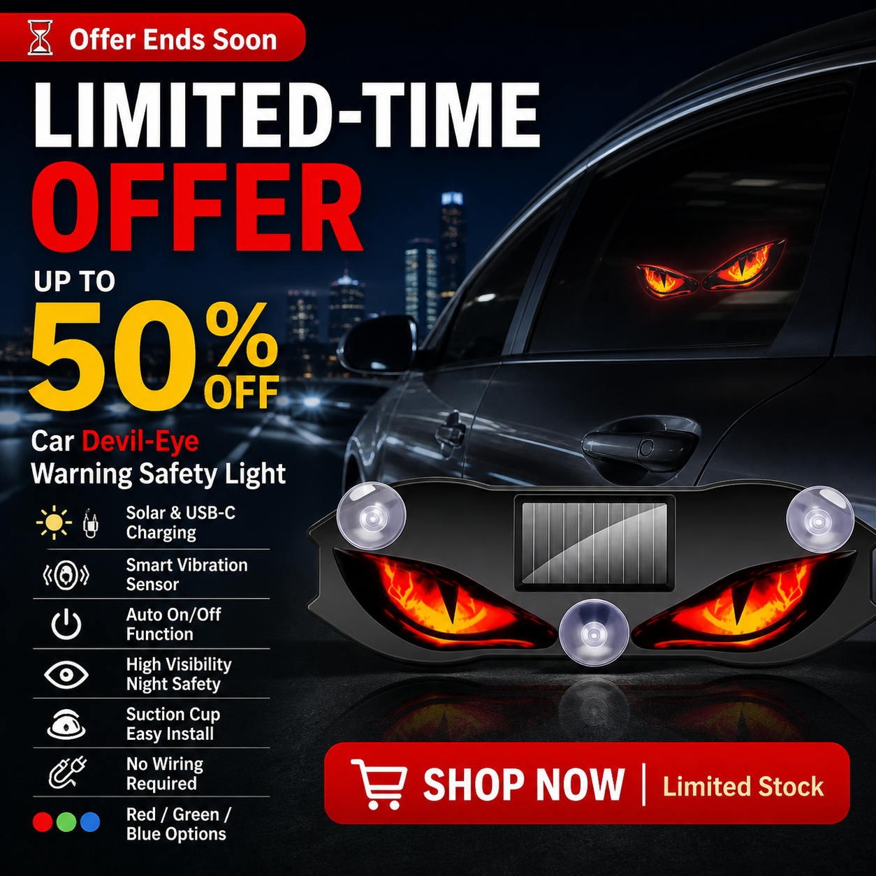 Offer Ends Soon ⏳Solar Car Warning Light – Auto Sensor & Suction Mount Design
