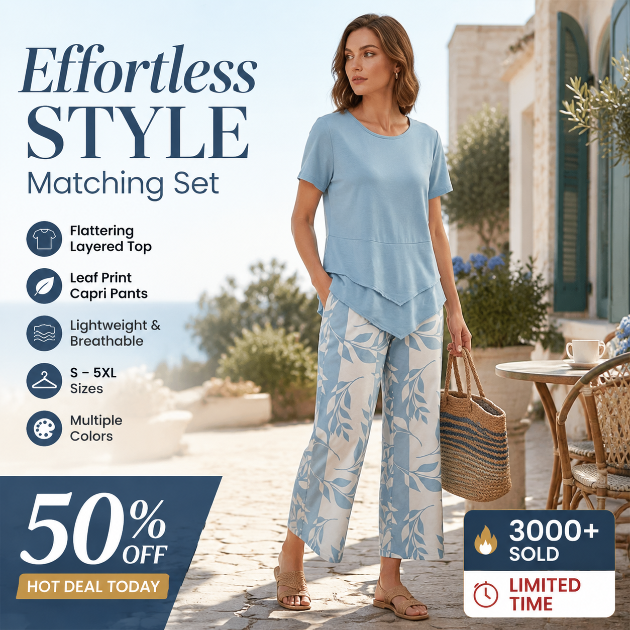 🎁2026 New Arrivals 50% OFF💥Women's 2-Piece Set – Layered Asymmetrical Tunic Top & Printed Wide Leg Pants, Breathable Polyester✨