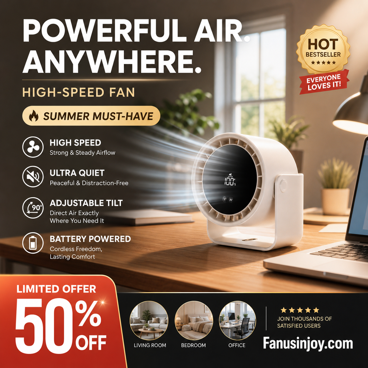 100-Speed Desk Fan – Stepless, Quiet & Dual-Use Design