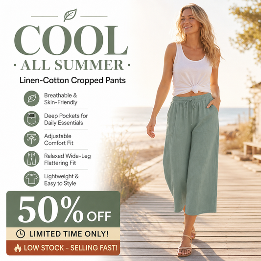 🍃 LIMITED-TIME 50% OFF! ✨ Women's Pleated Cropped Pants – Linen-Cotton, Wide-Leg, Comfortable 🌿