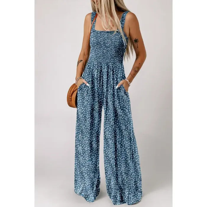 Smocked Print Jumpsuit – Wide-Leg & Flattering Fit