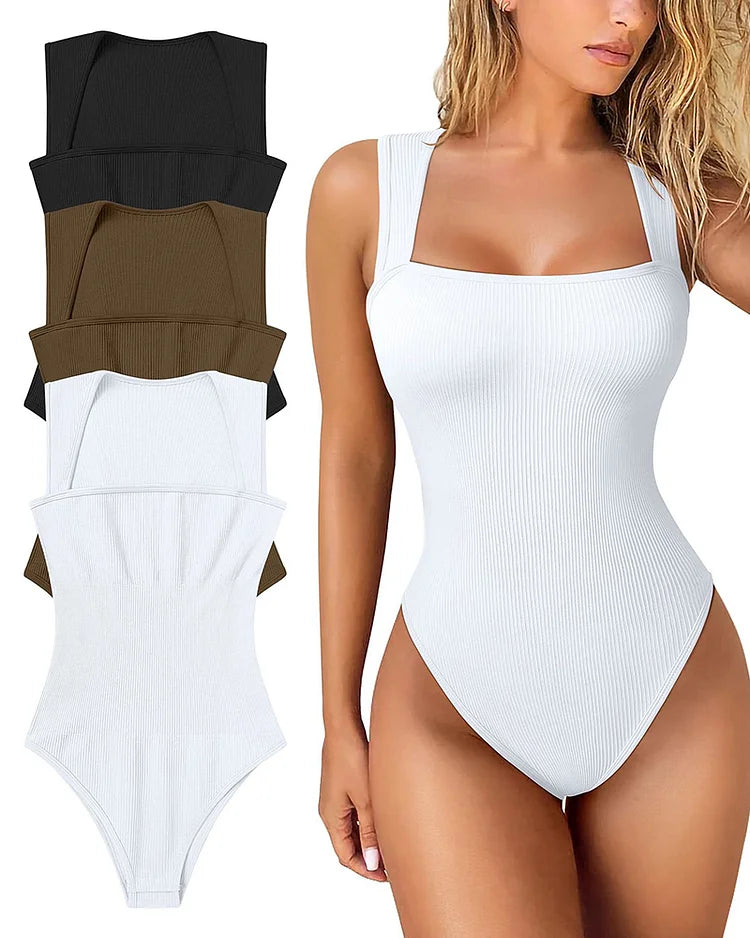 Women's Bodysuits Sexy Ribbed Strappy Square Neck Sleeveless Tummy Control Tank Tops Bodysuits