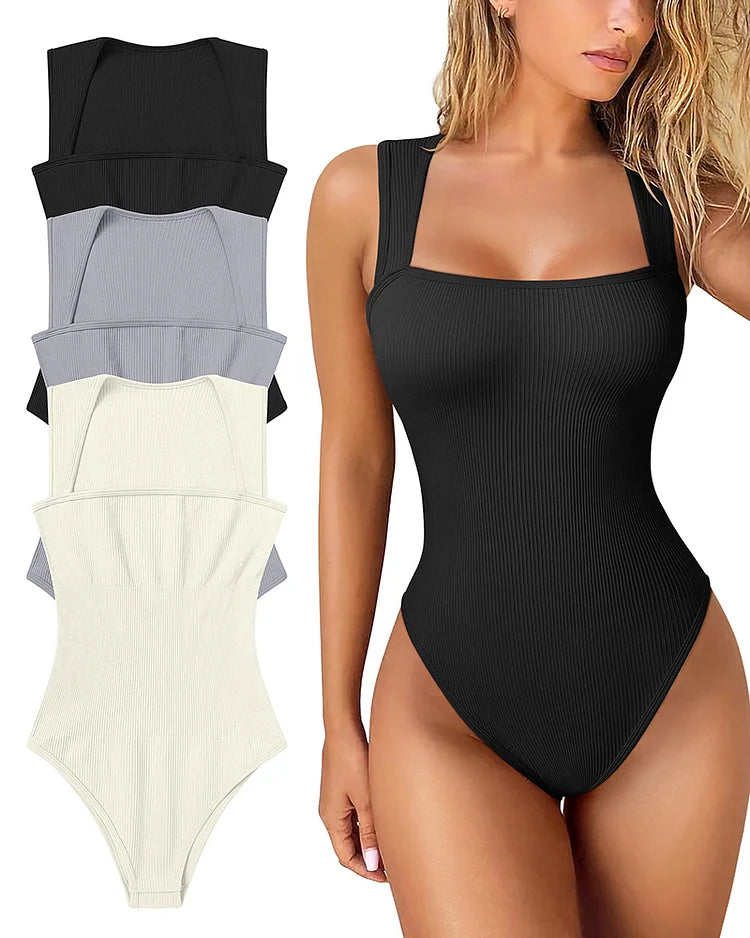 Women's Bodysuits Sexy Ribbed Strappy Square Neck Sleeveless Tummy Control Tank Tops Bodysuits