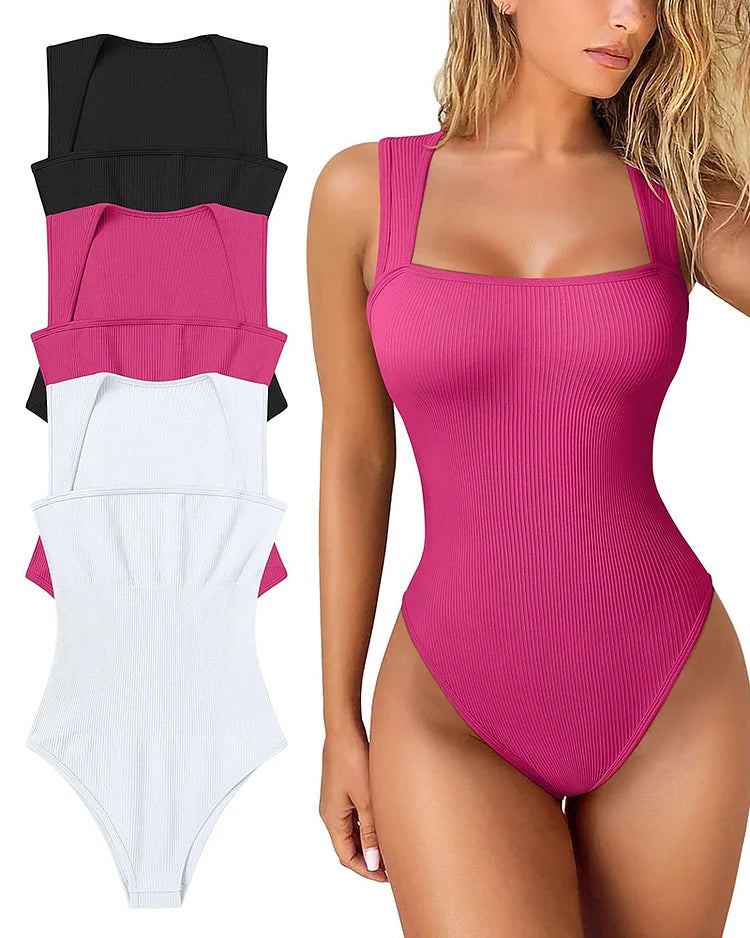 Women's Bodysuits Sexy Ribbed Strappy Square Neck Sleeveless Tummy Control Tank Tops Bodysuits