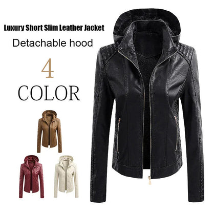 Detachable Hooded Ladies Leather Jacket
